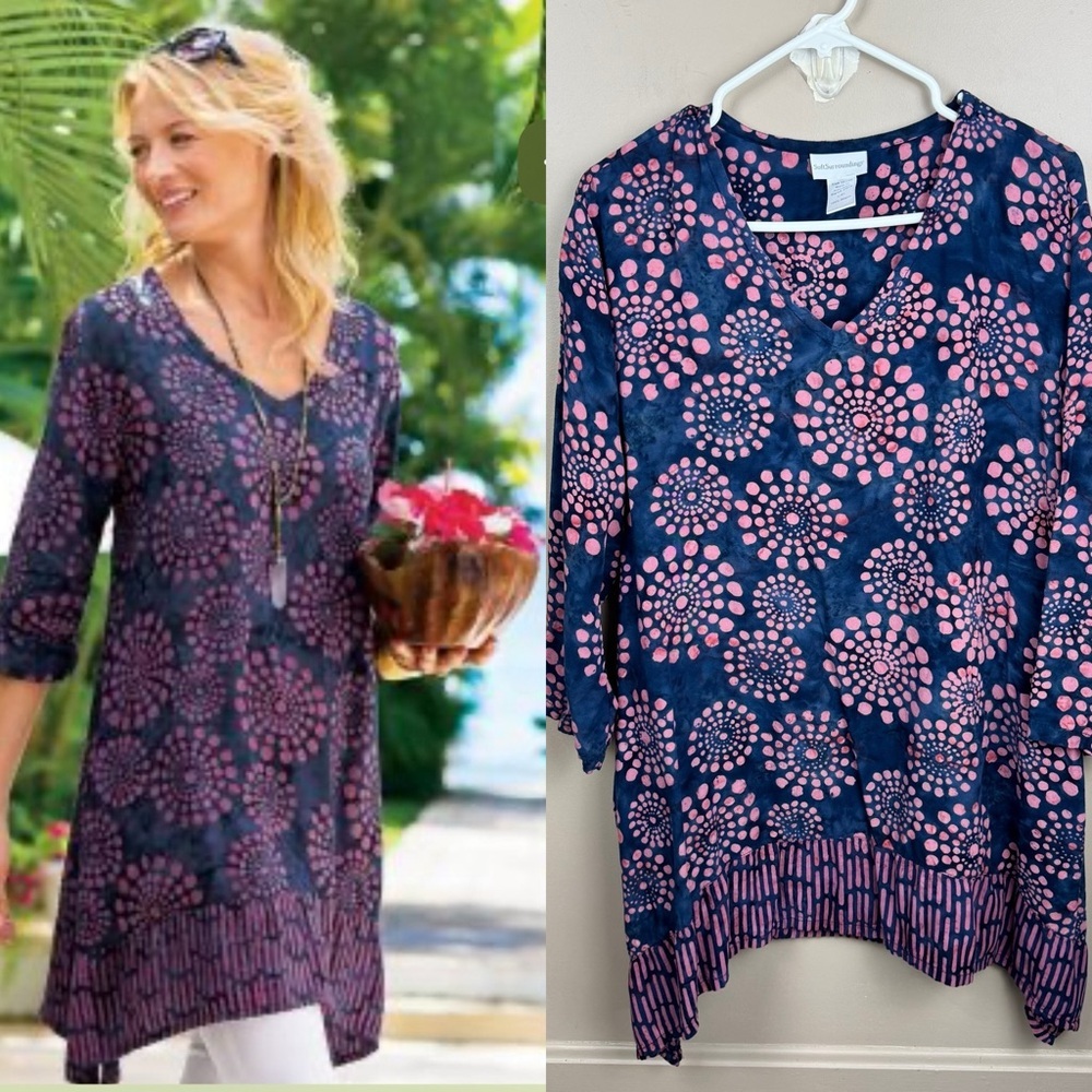Soft Surroundings Navy Batik Starburst Tunic Top Print 3/4 Sleeve V-Neck 26678